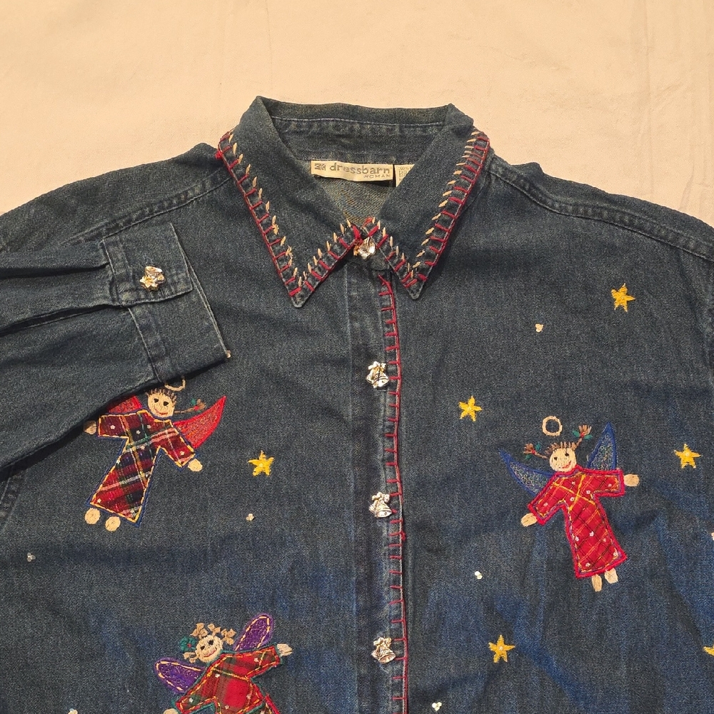 Dressbarn Woman Christmas Holiday Embroidered‎ Angels Denim Shirt Jacket 2X
